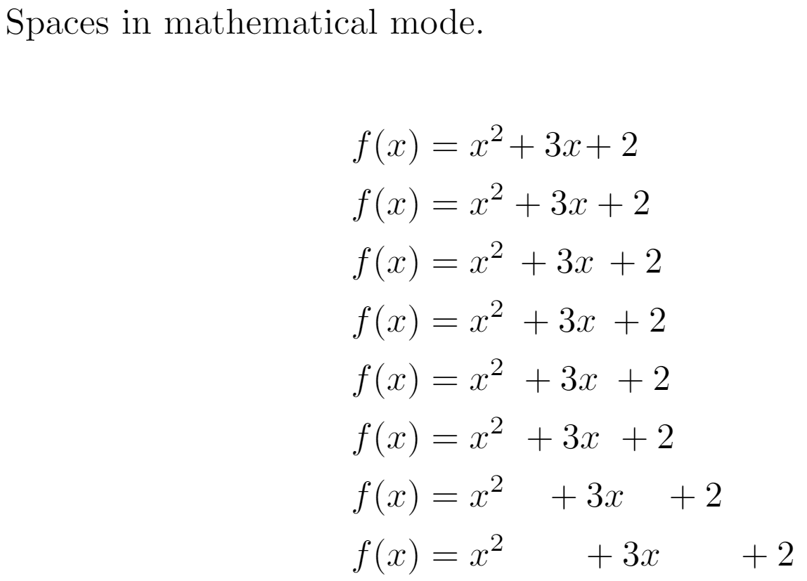 More examples of adjusing spacing in math mode