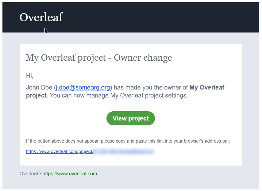 Email to new project owner telling them about transfer of ownership