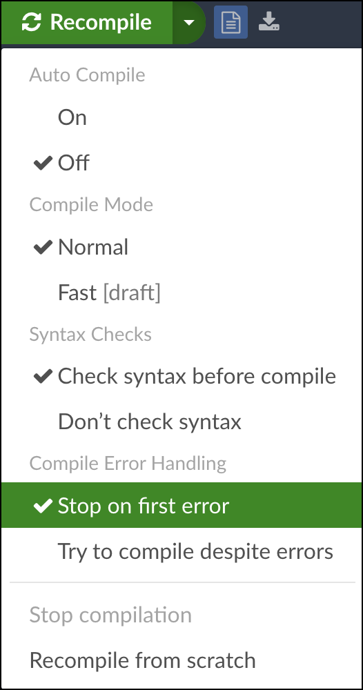 Screenshot showing how to enable the Stop on first error compilation mode