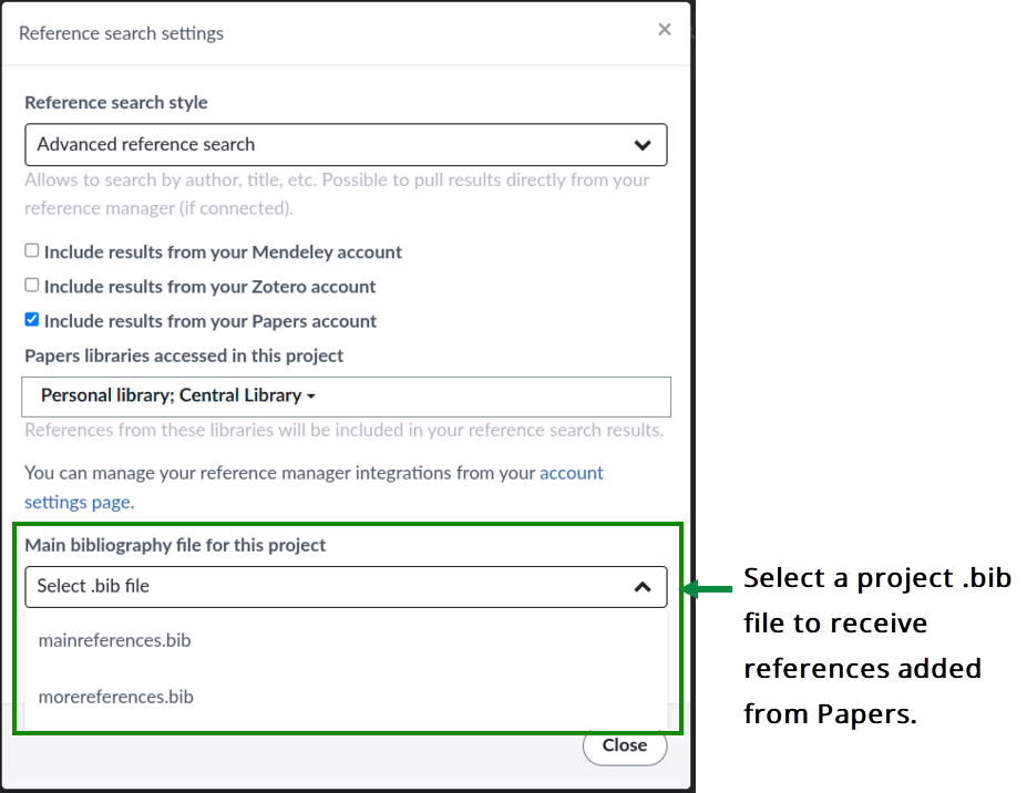 Selecting a .bib file to hold references pulled from Papers libraries