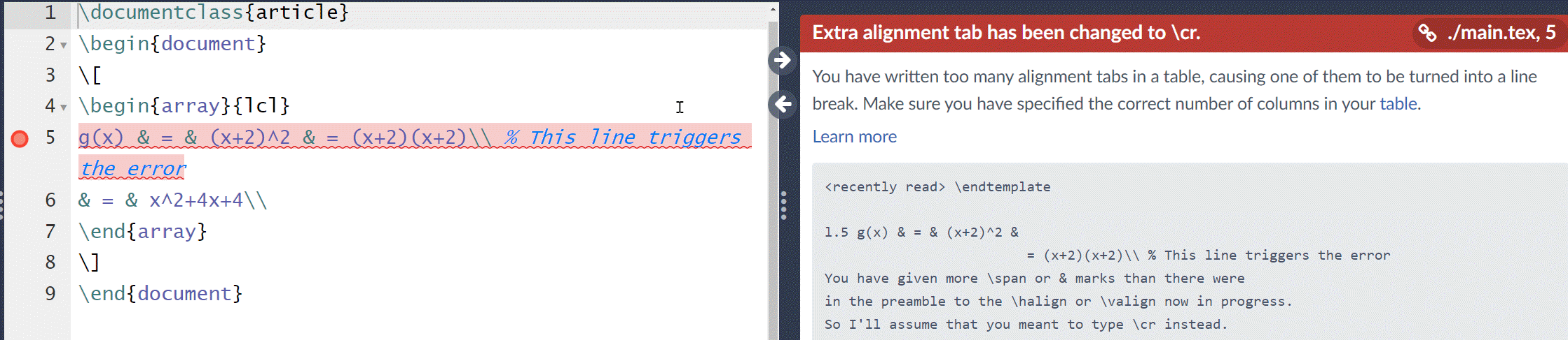 Image showing error in LaTeX array due to too many tab characters