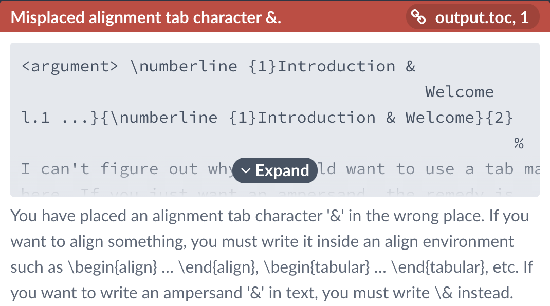 example error in an .toc file due to unescaped & in \section{...}