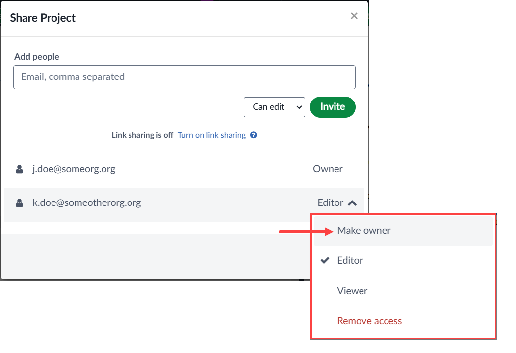 Image showing how to transfer ownership of an Overleaf project