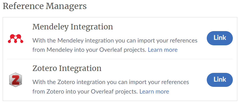Overleaf account settings for Mendeley and Zotero