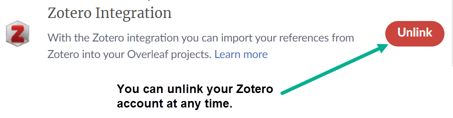 Image showing how to unlink Zotero from your Overleaf account