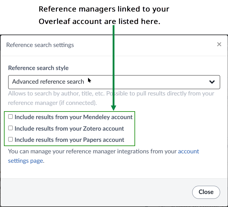 Overleaf's advanced reference search settings modal window