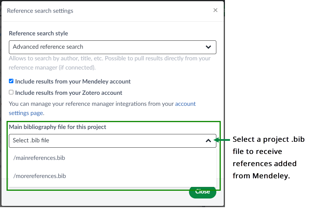 Configuring Overleaf's advanced reference search to use Mendeley