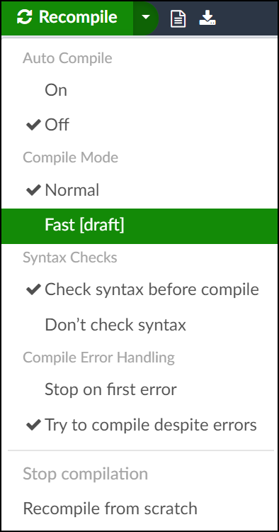 Setting draft compilation mode for an Overleaf project
