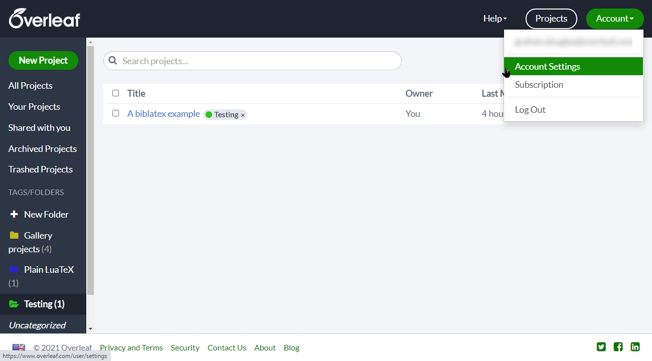 Overleaf account settings