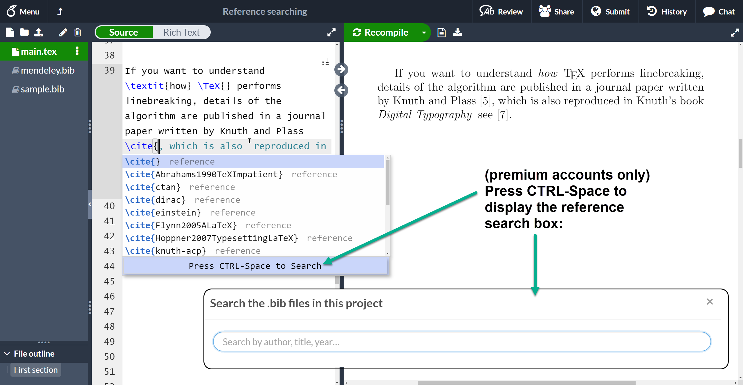 Using CTRL-Space to show the reference search box