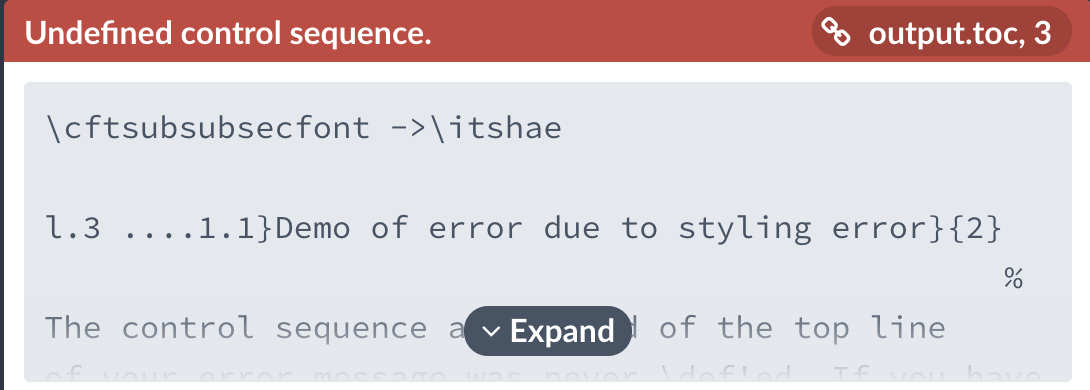 example error in an .toc file due to improper code when styling the ToC entry